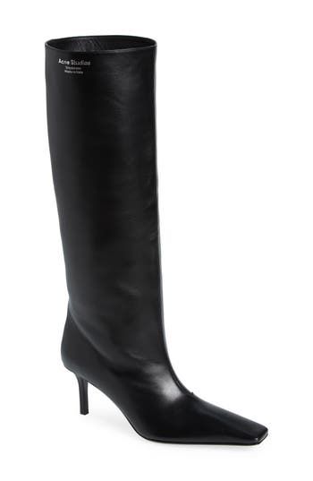 A slim heel balances the chisel toe of a lambskin leather boot in a pair-with-everything neutral hue. 2 3/4" (70mm) heel 16 1/4" shaft; 15 3/4" calf circumference Pull-on style Leather upper, lining and sole Made in Italy Women's Designer Shoes Designer Shoes Heels, Kitten Heel Boots, Logo Shoes, Heel Boot, Black Boots Tall, Tall Leather Boots, Knee High Leather Boots, Pull On Boots, Leather Boot