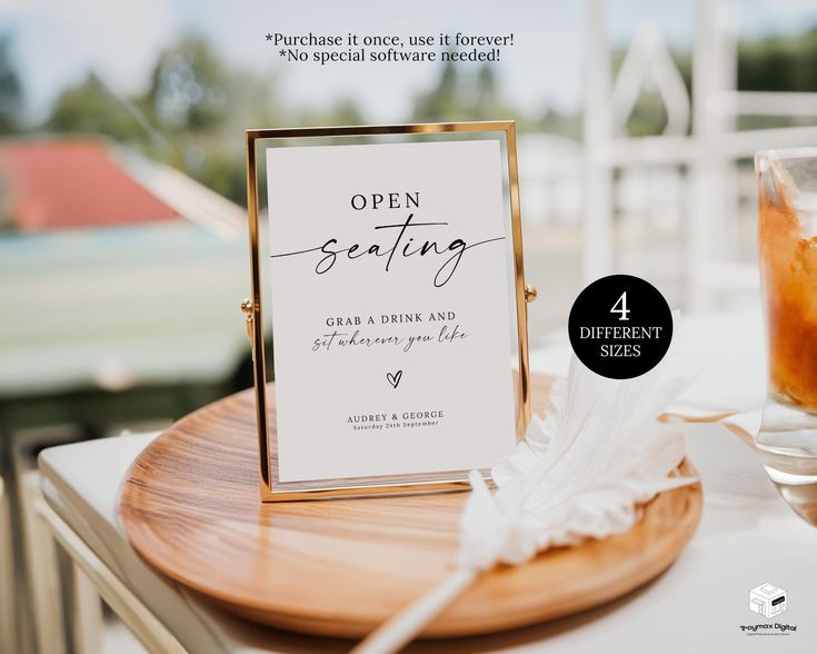 Minimalist Open Seating Wedding Sign Template 🥳 Hello there! Welcome to my shop! ❤️ We're excited to introduce our new "Open Seating" table sign, designed to add a touch of elegance and ease to your wedding or engagement event. These stylish signs are editable on Canva, allowing you to personalize them to fit your unique theme and preferences. Perfect for creating a relaxed and inviting atmosphere, our "Open Seating" signs guide your guests effortlessly, ensuring everyone finds a comfortable sp Engagement Event, Treat Table, Engagement Events, Thank You Sign, Favors Sign, Wish You Were Here, Guest Book Sign, Love Is, Table Signs