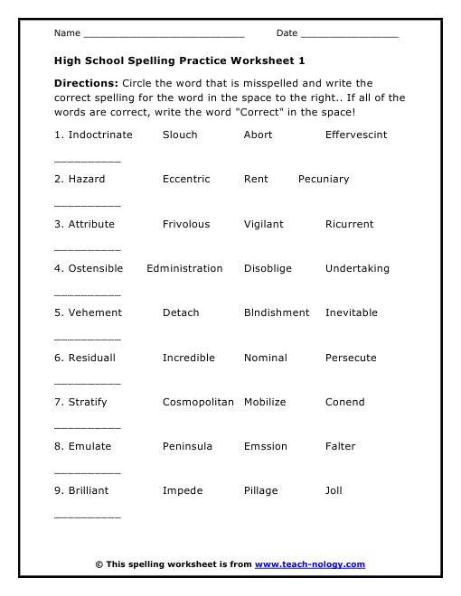 the worksheet for high school spelling practice is shown in this printable version