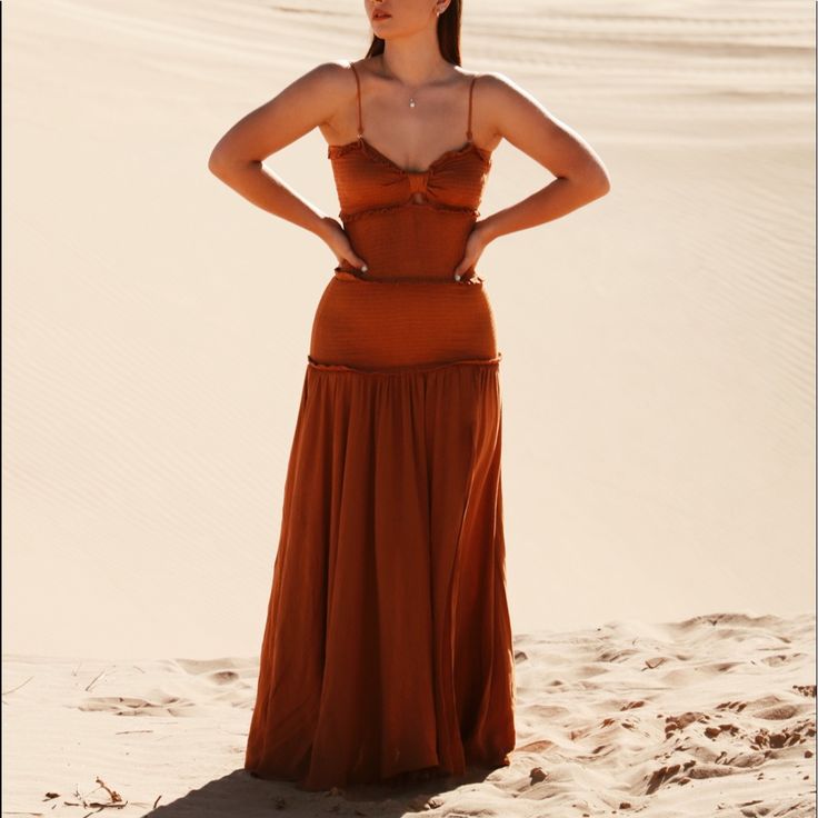 This Gorgeous Burnt Orange Maxi Dress Features A Smocked Top With A Keyhole And A Flowy Bottom With A Leg Slit. It Has Adjustable And Removable Straps For A Tube Top Look. It Can Be Worn For Many Occasions And Is Perfect For Vacation. It’s Nwt And Awaiting Your Wardrobe. Burnt Orange Maxi Dress, Orange Maxi Dress, Burnt Orange Dress, Smocked Top, Evening Attire, Orange Dress, Glamorous Evening Gowns, Flowing Maxi Dress, Fashion Sense