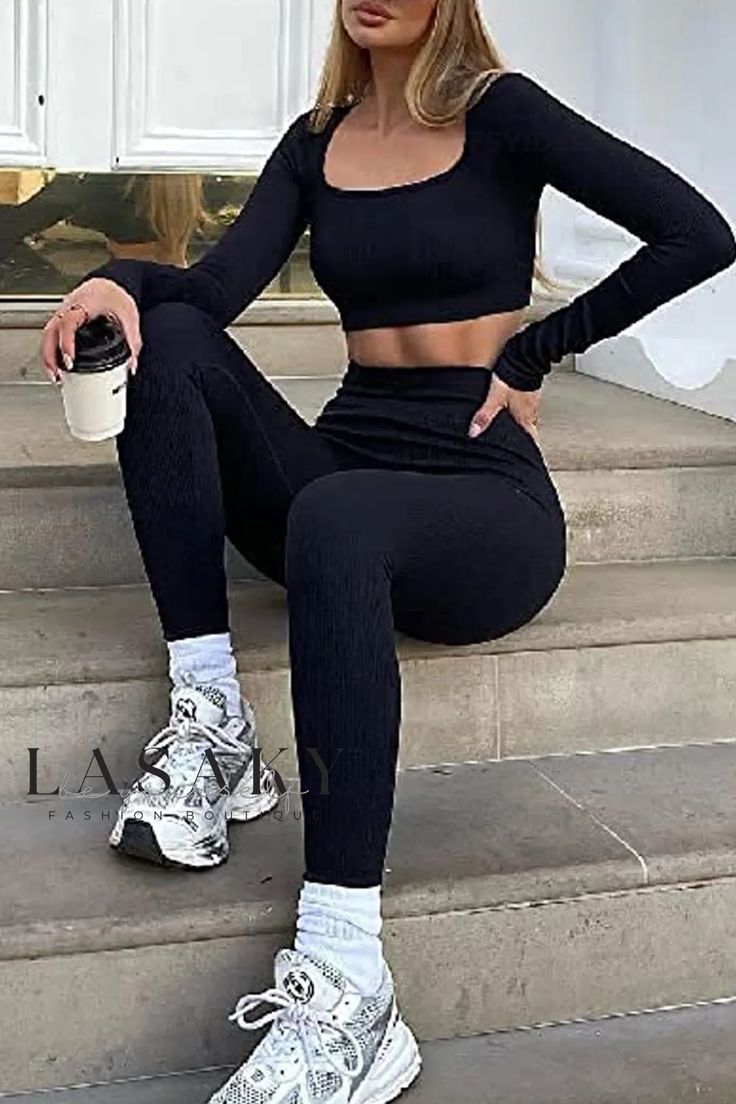 Lasaky - Premium Womens Ribbed Yoga Two-Piece Set with Enhanced Fit and Contouring Effect Modele Fitness, Gymwear Outfits, Working Out Outfits, Cute Workout Outfits, Fitness Wear Outfits, Cute Gym Outfits, Gym Clothes Women, Workout Outfits, Workout Attire