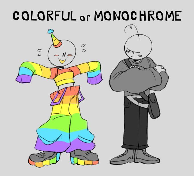 two people standing next to each other with the words colorful or monochromee on them