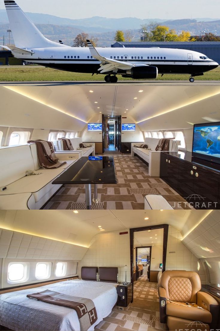 the inside and outside of an airplane with beds, desks, chairs and television