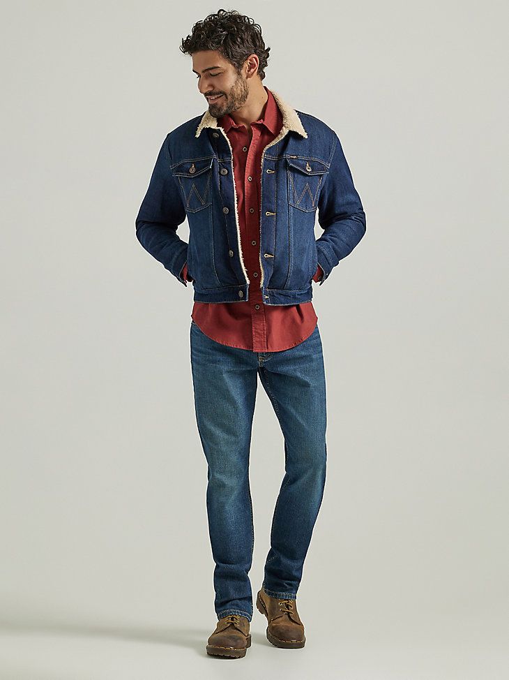 ENDURE THE COLD, WIND, AND MOREDenim doesn't have to be a fair-weather friend. With a super soft interior to keep you warm on cold days, the sherpa-lined denim jacket makes the perfect layering piece for fall and winter months. It features the laidback look of a trucker jacket with vintage-inspired details, including twin welt hand pockets, twin chest flap pockets with 'W' stitching, a button closure, and a straight back yoke. Crafted from a comfortable cotton blend with just the right amount of stretch, this sherpa denim jacket looks better and better the more you wear it. Plus, it's perfectly sized for layering over your favorite shirt or hoodie. Men In Jean Jackets, Maroon Denim Jacket, Hoodie Jacket Outfit, Jean Jacket Outfits Men, Cowboy Outfit For Men, Mens Jackets Fall, Denim Outfit Men, Trucker Jacket Men, Mens Wardrobe Essentials