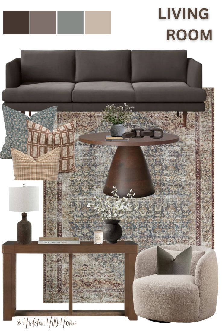 Modern Transitional living room decor mood board with a brown sofa and a cream swivel accent chair! This living room design features brown, rust, and pops of teal blue Dark Brown Chairs Living Room, Charcoal Couch Mood Board, Organic Modern Living Room Dark Grey Couch, Grey With Brown Living Room, Grey Couch Transitional Living Room, Decorating With Dark Grey Couch, Brown And Grey Decor, Browns And Black Living Room, Dark Brown Furniture Living Room Decor Interior Design