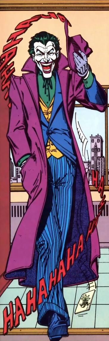 the joker in his purple suit is dancing with his hands up and one hand on his hip