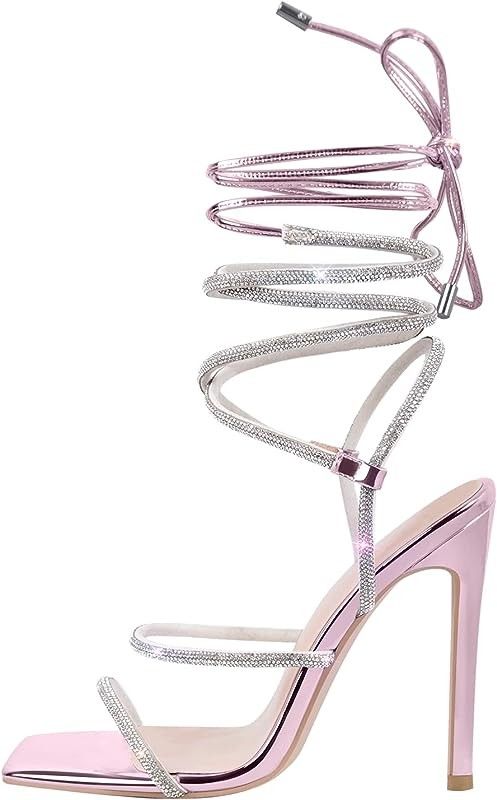 sexytag Women's Strappy Lace Up Chunky Heels Ankle Strap Open Toe Sexy Heeled Sandals Bright Pink Heels, Knee High Gladiator Sandals, Knee High Sandals, Gold Sparkly Heels, Brown Sandals Heels, Diamond Heels, Sparkly Heels, Strappy High Heels, Round Toe Pumps