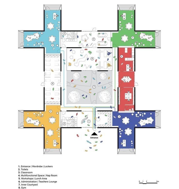 the floor plan for an apartment building with different colors and shapes, including blue, green,