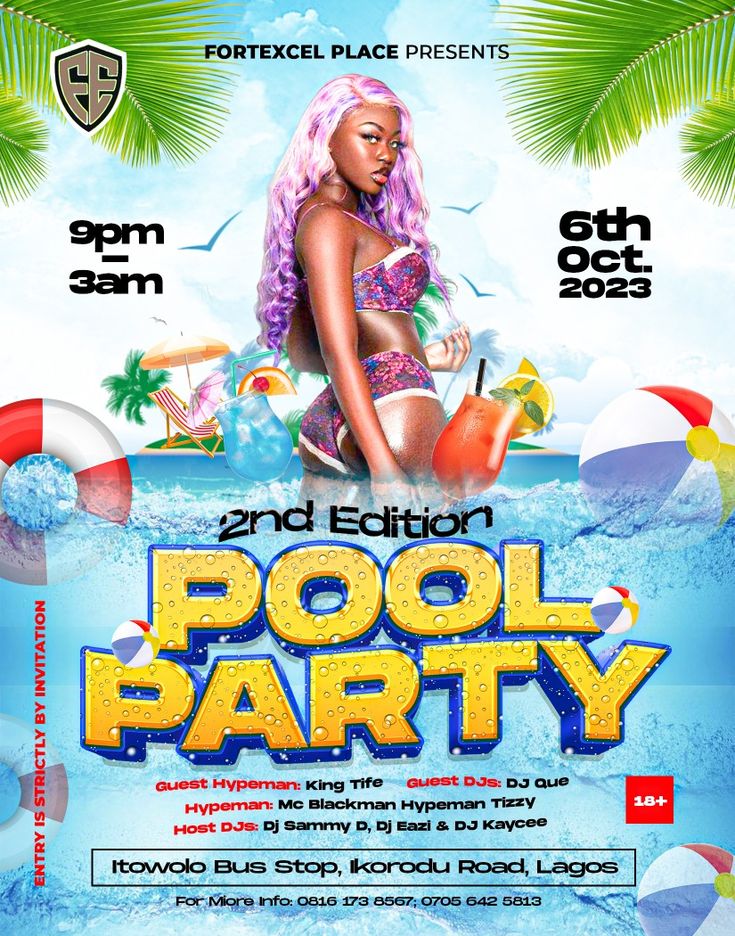 the pool party flyer is shown with an image of a woman in a bathing suit