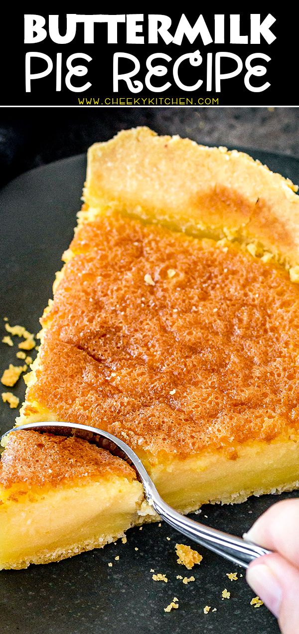 a slice of buttermilk pie on a black plate with a fork in it