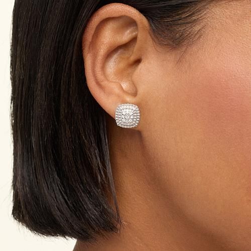 Colleen Lopez 1/4ctw White Diamond Cushion Stud Earrings  Polished sterling silver beads boost the sparkling reflection from clusters of glittering white diamonds, giving these cushion-shaped stud earrings the luxe, high-end look you love.       Approx. 7/16"L x 7/16"W     Stamped .925; rhodium plating     Pierced with clutch backs     Cushion-shaped stud earrings have clusters of round, white diamonds pavé-set in center     Diamonds framed in two rows of beaded silver   Stone Information       All sizes and weights approximate     Total Carat Weight: 1/4ctw; diamond weight is not exact, and the range of weight is 0.23 to 0.29ctw     White Diamond - Round; Color - H-I; Clarity - I2 Silver Cluster Cubic Zirconia Diamond Earrings, Dazzling Cubic Zirconia Cluster Earrings With Pavé Setting, Dazzling Cluster Jewelry With Pave Setting, White Gold Diamond Cluster Earrings With Sparkling Stones, Dazzling Cubic Zirconia Cluster Earrings, Cluster Cubic Zirconia Earrings With Pave Setting, Fine Jewelry: Sparkling Cluster Earrings For Anniversary, Fine Jewelry Sparkling Cluster Earrings For Anniversary, Sparkling Fine Jewelry Cluster Earrings For Anniversary