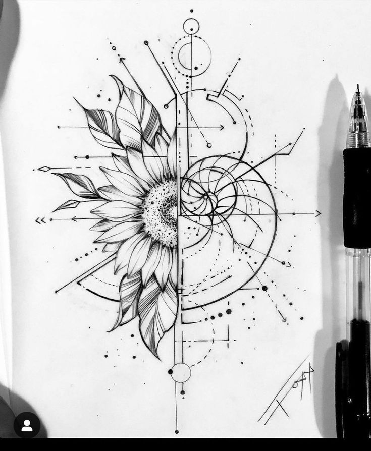 a drawing of a sunflower with geometric shapes and lines in the background on paper