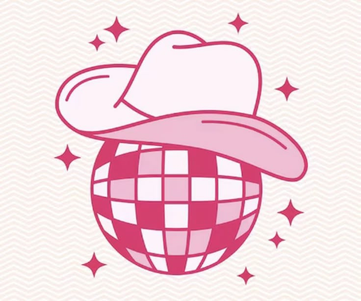 a pink hat on top of a disco ball with stars in the sky behind it