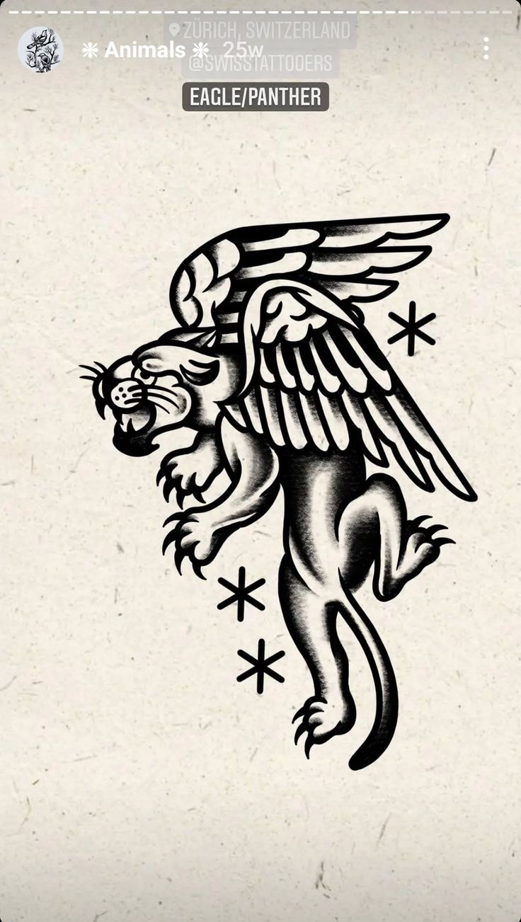 a black and white image of a lion with wings on it's back side