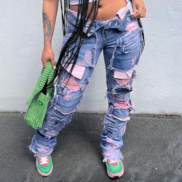 These Jeans Are All 1 Of 1 Every Pair ! They Come In Any Color And Any Size You May Need. The Jeans Are True To Size In Fitting And Custom Fitting Is Available. The Turn Around Time For These Jeans To Be Made Is 2 Days . These Jeans Are Sewn Together Using 2 Pair Of Jeans . Any Other Inquires Direct Message Me @ Ig : Monetastudios Custom Distressed Jeans, Stacked Jeans Outfit Black Women, Custom Pants Jeans, Custom Birthday Outfits, Jess Outfits, Patchwork Jeans Outfit, Custom Jeans Diy, Pink Wigs, Jeans Custom