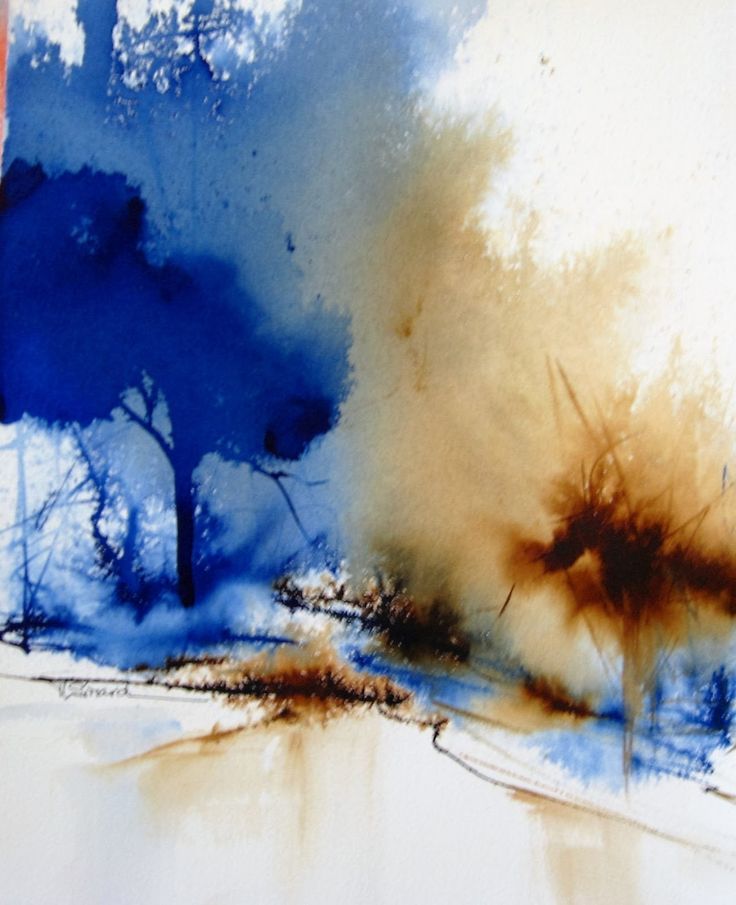 an abstract painting with blue, brown and white colors in the background is a tree