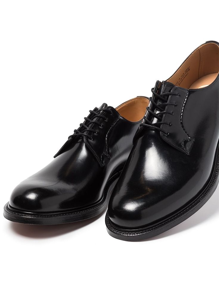 black leather high-shine finish tonal design front lace-up fastening flat leather sole This item is in size 8 and the color is Goodyear Welted Leather Lace-up Derby Shoes, Church Shoes, Black Leather-lined Lace-up Shoes For Derby, Black Leather Lined Lace-up Shoes For Derby, Vintage Leather-lined Oxfords For Derby, Church's Shoes, Luxury Leather-lined Men's Shoes For Derby, Derby Shoe, Men Tie