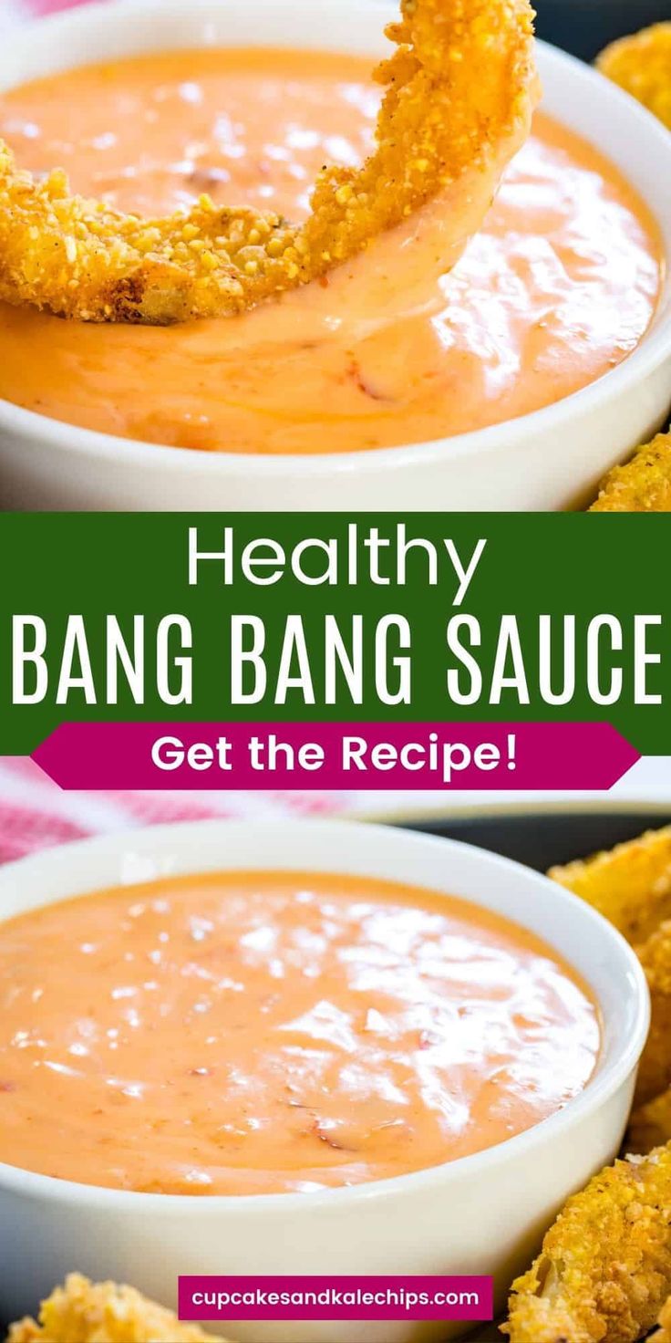 two bowls filled with dipping sauce and fried bread sticks in the middle, text overlay reads healthy bang bang sauce get the recipe