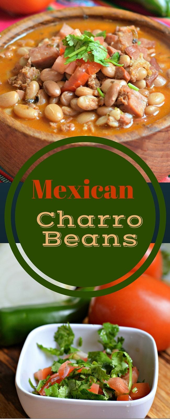 mexican charro beans in a white bowl on a wooden table with tomatoes and peppers