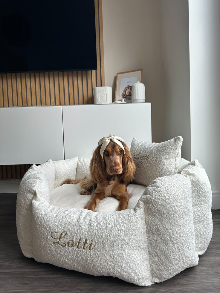 a dog laying on top of a white bed