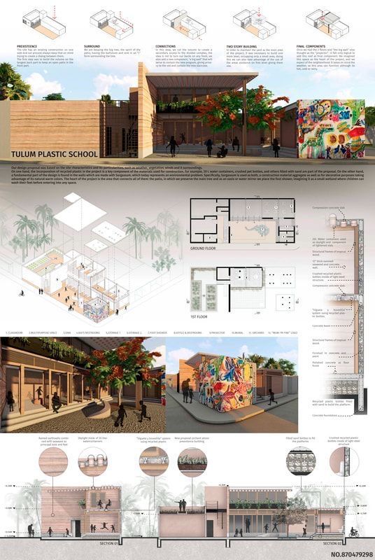 an architectural diagram shows the various sections of a building with different levels and heights, including two