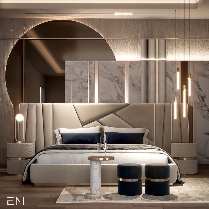 a modern bedroom with marble walls and flooring, including a large bed in the center