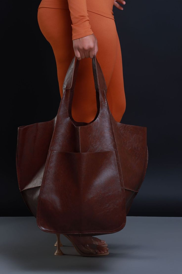 Plenty Of Time Faux Leather Tote Bag - Coffee - Swank A Posh Trendy Brown Weekender Bag For Daily Use, Brown Rectangular Weekender Bag, Trendy Brown Satchel Weekender Bag, Rectangular Brown Weekender Bag For On-the-go, Modern Brown Shoulder Weekender Bag, Modern Brown Rectangular Weekender Bag, Brown Rectangular Weekender Bag For Everyday Use, Rectangular Brown Weekender Bag For Everyday Use, Trendy Brown Weekender Bag For Everyday Use