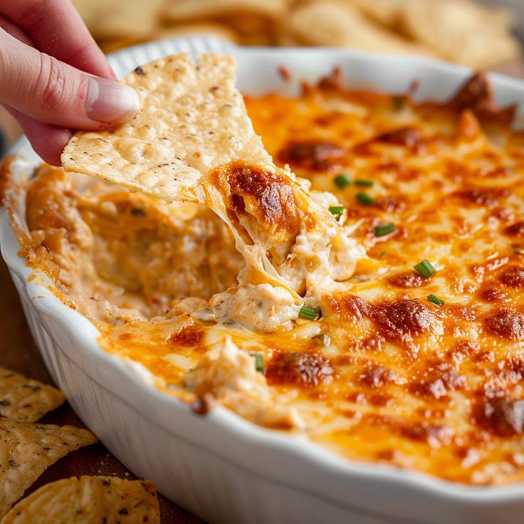 a hand dipping a tortilla chip into a casserole