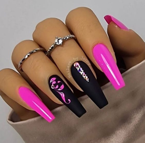 Pink On Pink Nail Designs, Summer Leopard Nails Hot Pink, Neon Nails Purple, Fun Long Nails, Pink And Gray Nail Ideas, Short Sassy Nails, Fushia Nail Designs Ideas, Nail Designs Pink And Black, Long Nails Design 2024