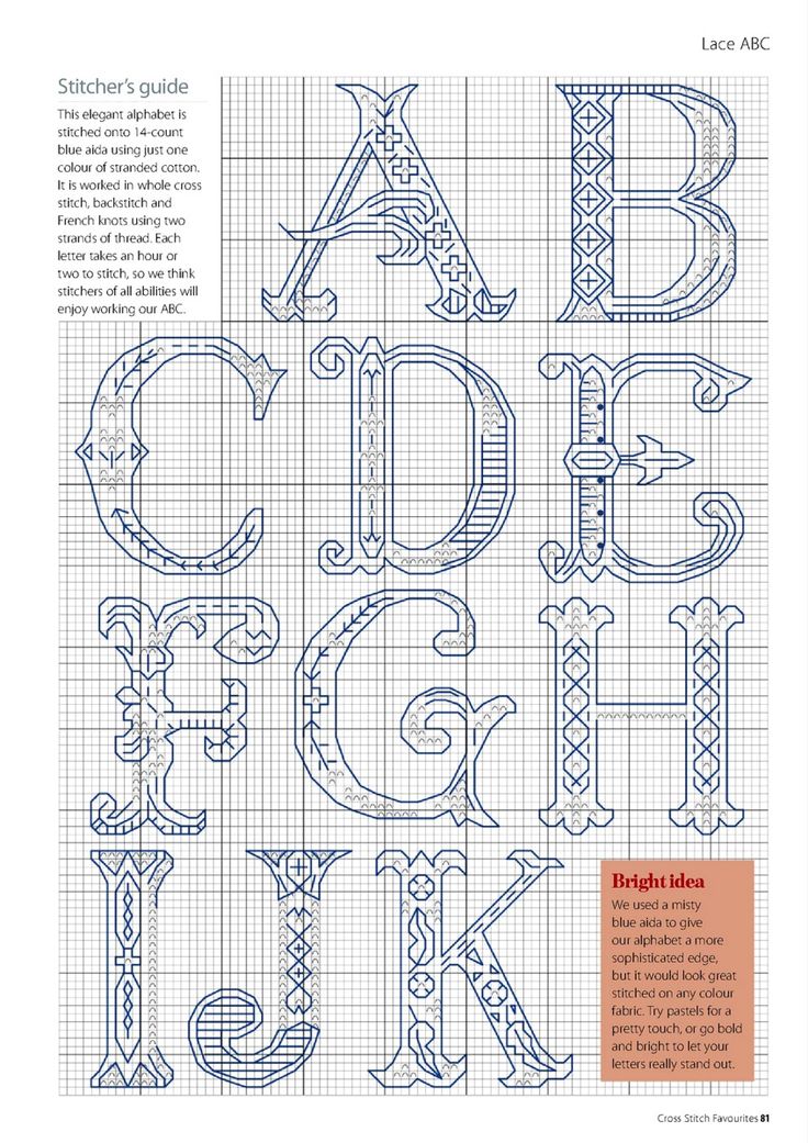 the front and back cover of a cross stitch book with an image of letters in different styles