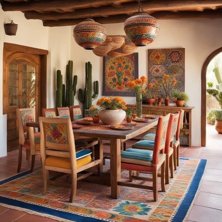 a dining room table with colorful chairs and potted plants on the wall behind it