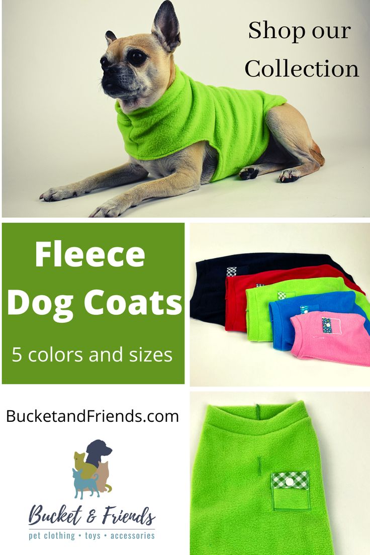 a dog wearing a green sweater with the words fleece dog coats 5 colors and sizes