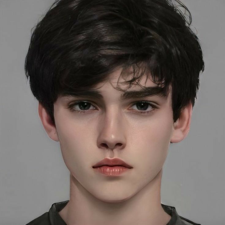 an artist's rendering of a young man with short hair and brown eyes wearing a gray shirt