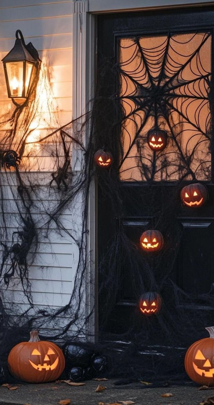 halloween pumpkins on the front steps of a house with spider web and lights in them