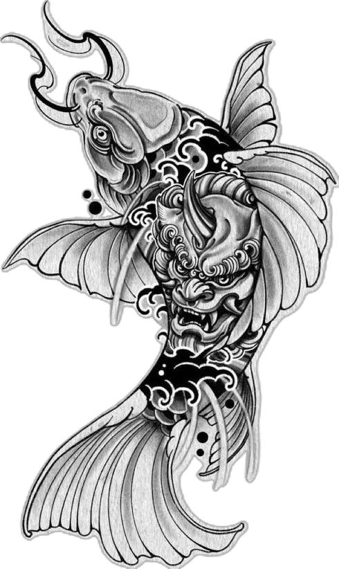 a drawing of a fish with intricate designs on it's body and wings, in black