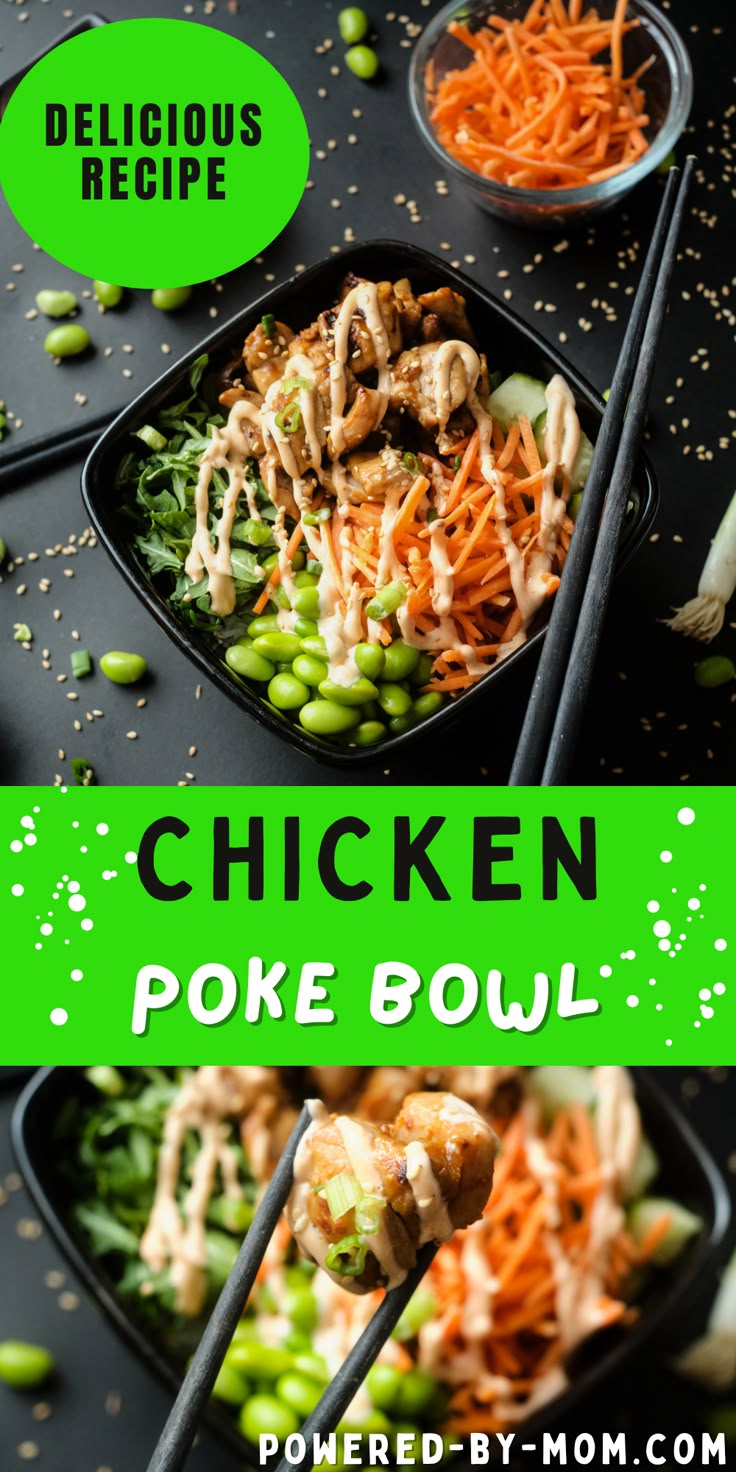 chicken poke bowl with chopsticks on the side and green sprouts around it