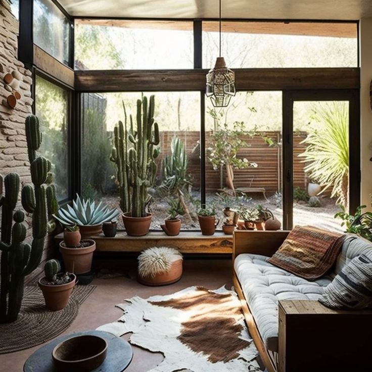 a living room filled with lots of potted plants