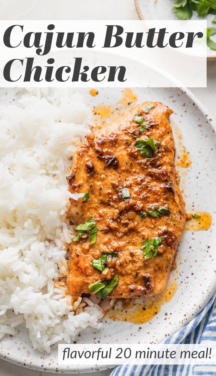 a white plate topped with chicken covered in sauce and rice next to a blue striped napkin