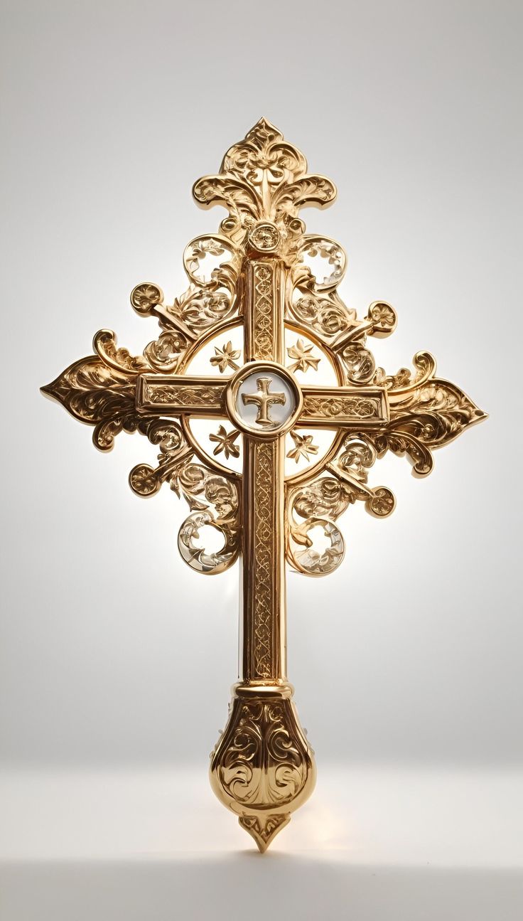 an ornate gold cross is shown against a white background with the light shining through it