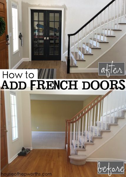 the before and after photos of a french door in a house with wood floors, white railings and black doors