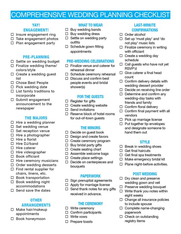 the wedding checklist is shown in blue and orange