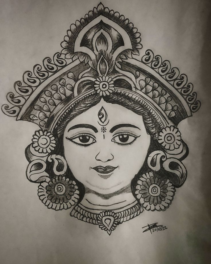 a pencil drawing of a woman's face with ornate designs on her head and shoulders