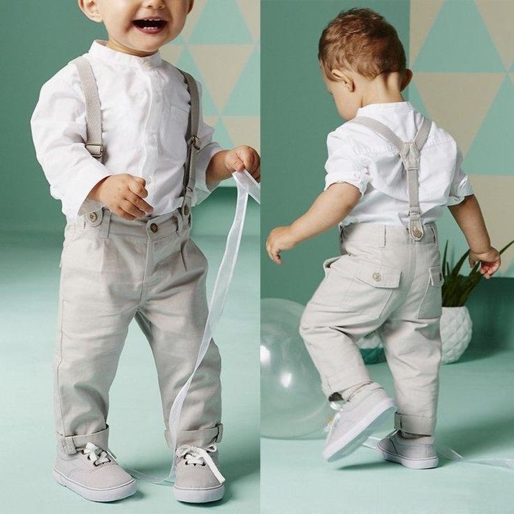 two photos of a toddler boy in white shirt and suspenders holding a flower