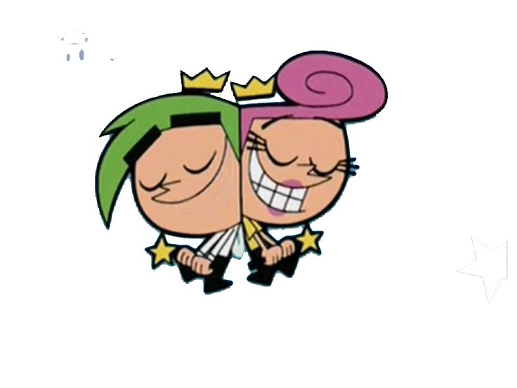 two cartoon characters are hugging each other with stars on their foreheads and one is wearing a pink hat