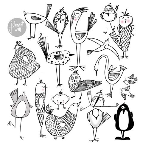 a bunch of birds that are drawn in black and white