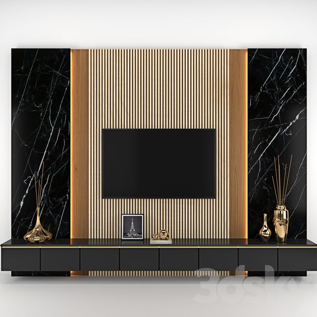 a black and gold living room with a tv on the wall, vases and other items