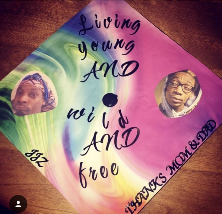 a graduation cap with two pictures of people on it and the words living young and old are written in cursive writing