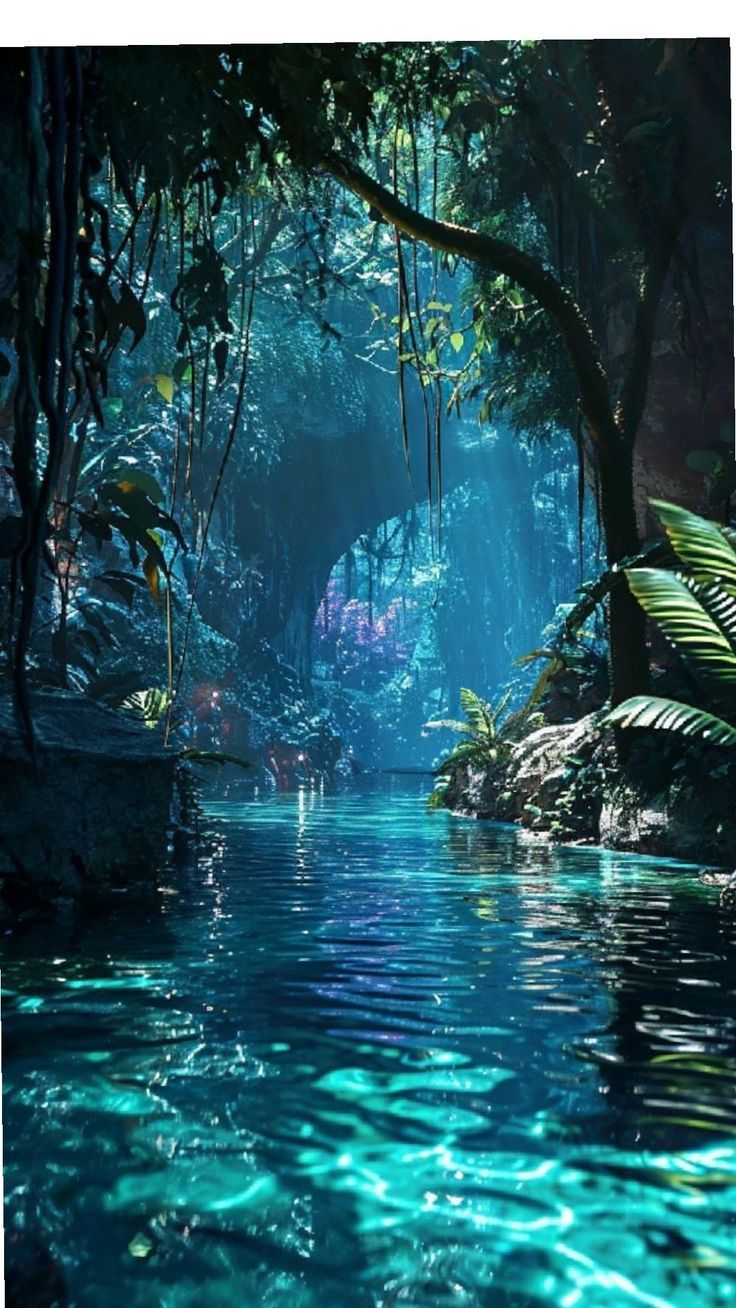 beautiful Magic Island Aesthetic, Avatar Way Of Water Aesthetic, Other World Aesthetic, Avatar Forest, Fantasy River, Otherworldly Aesthetic, Underwater Forest, Alien Landscape, Pretty Landscapes