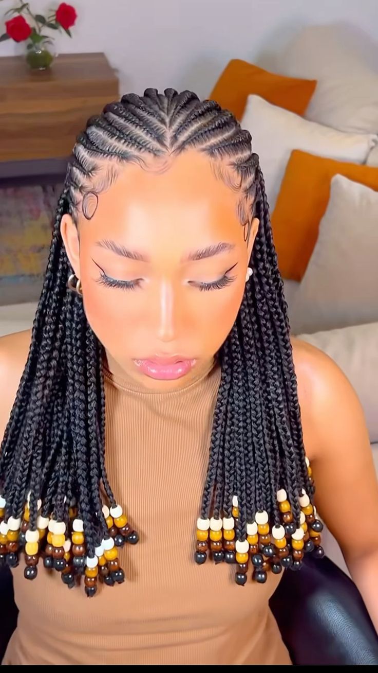 Cornrows Braids For Black Women Beads, Cute African Braids, Braided Hairstyles With Cornrows, Cornrows Styles With Beads, All Back Cornrow Braids, Corn Roll Box Braids, Cornrows At The Front Braids At The Back, Cornrows And Singles In The Back, Braids For Summer 2024