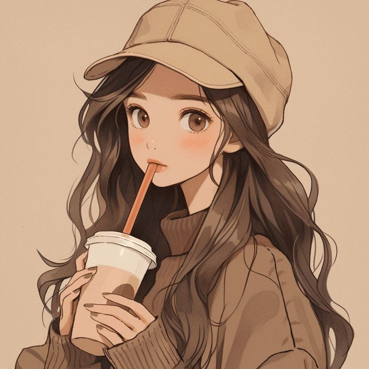 a girl with long hair drinking from a cup and holding a straw in her hand